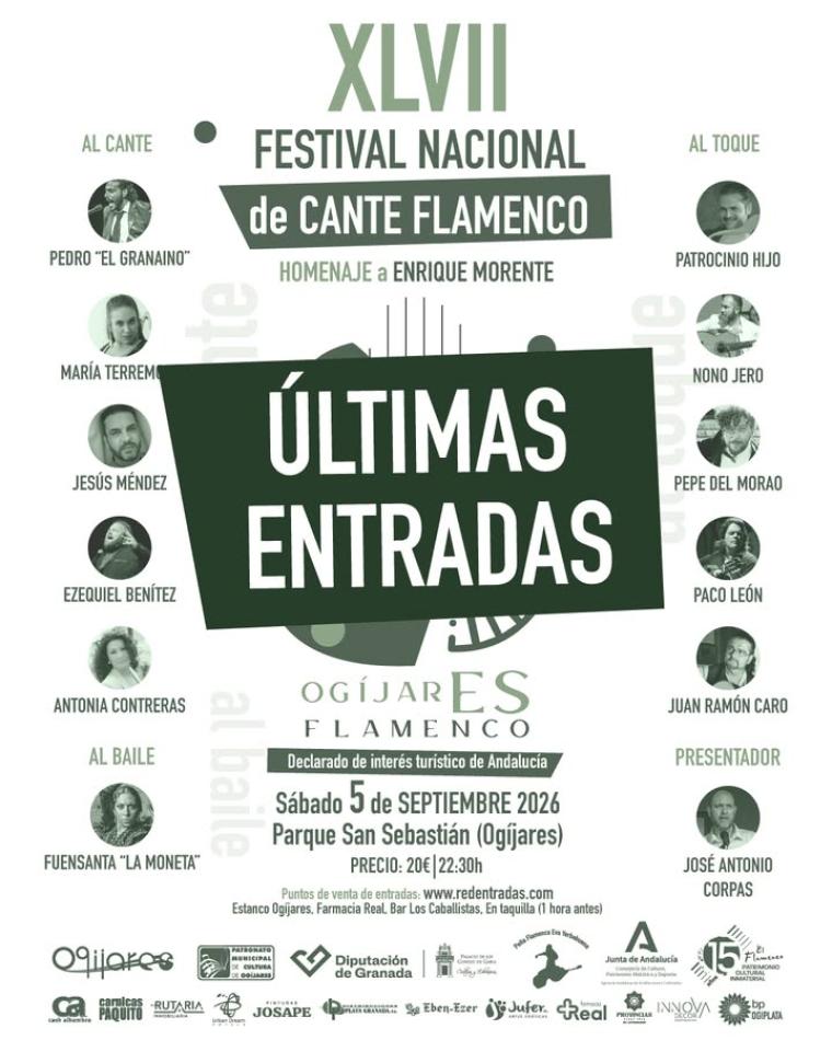 🎶 ¡Últimas entradas para el XLVII Festival Nacional de Cante Flamenco de Ogíjares!  
  
Una vez se agoten, se pondrán a la venta en taquilla el mi...